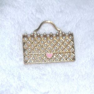 Purse Bag Brooch Gold and Pink with Heart Faux Pearl Detail